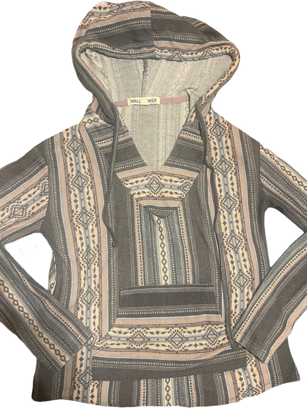 Vntg Wallflower Tribal Striped Hooded Lightweight sweater in Gray Blue and Pink